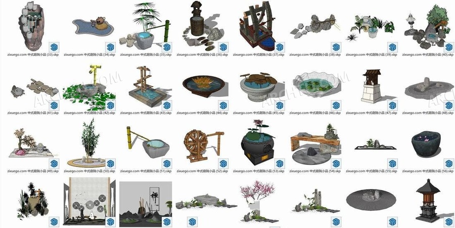 [lumion]67套SketchUp渲染表现模型合集资源-禅意新中式日式流水景观小品