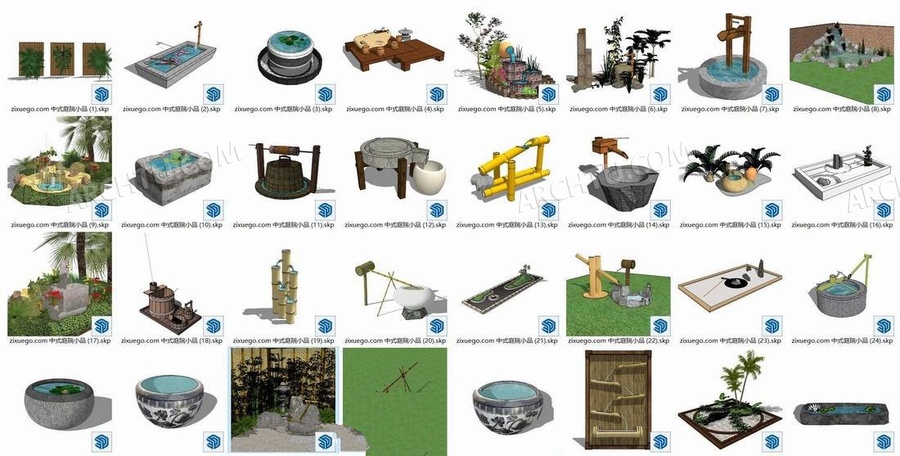 [lumion]67套SketchUp渲染表现模型合集资源-禅意新中式日式流水景观小品