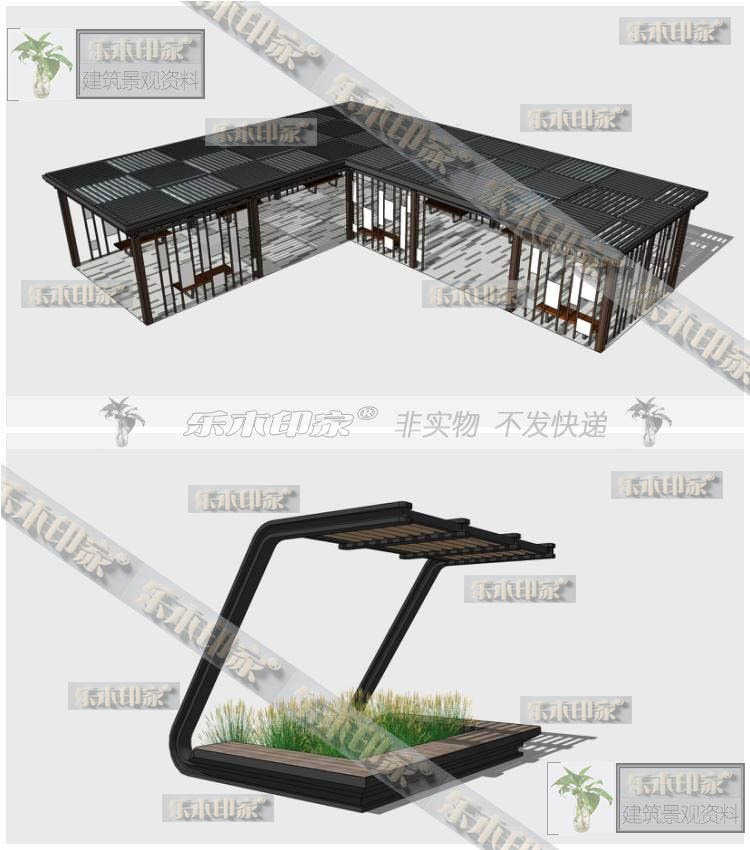 现代风新中式风格休闲廊架SU模型公园景观广场玻璃钢构廊架SU草-景观建筑资源