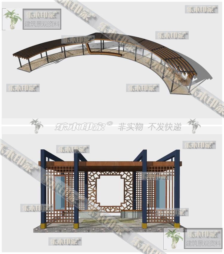 现代风新中式风格休闲廊架SU模型公园景观广场玻璃钢构廊架SU草-景观建筑资源