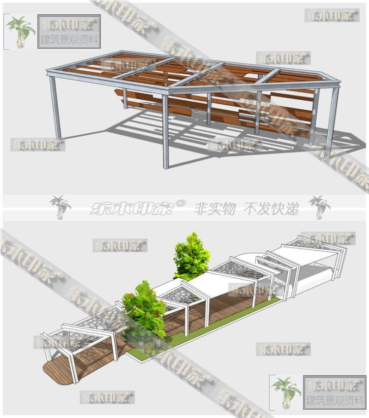 现代风新中式风格休闲廊架SU模型公园景观广场玻璃钢构廊架SU草-景观建筑资源