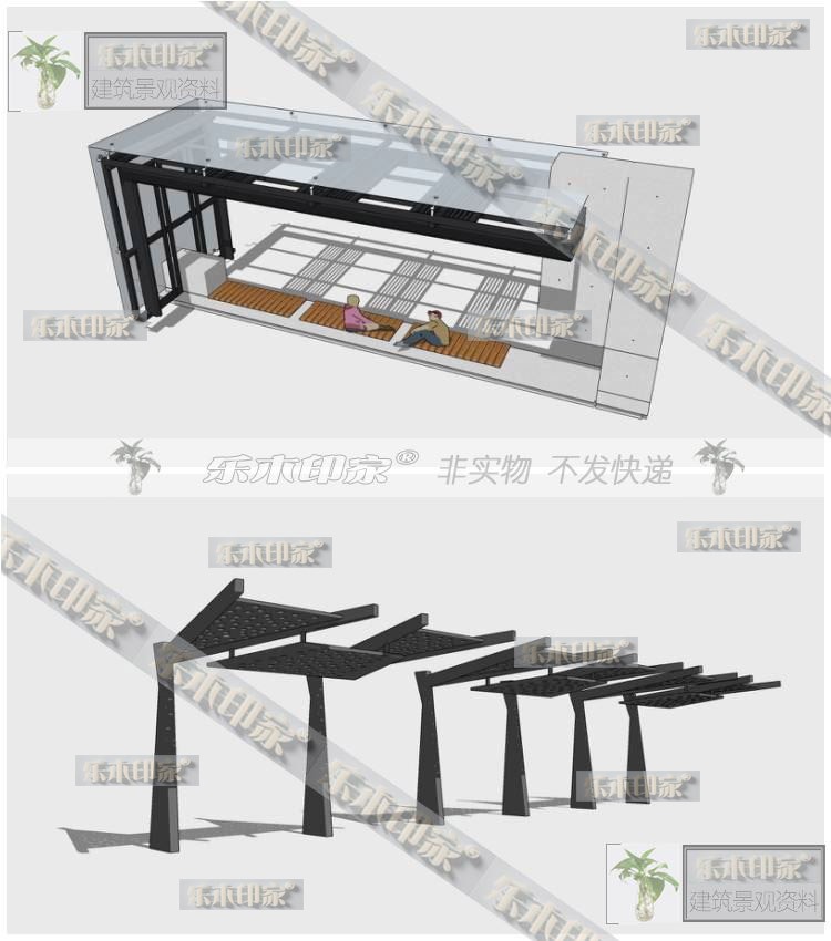 现代风新中式风格休闲廊架SU模型公园景观广场玻璃钢构廊架SU草-景观建筑资源