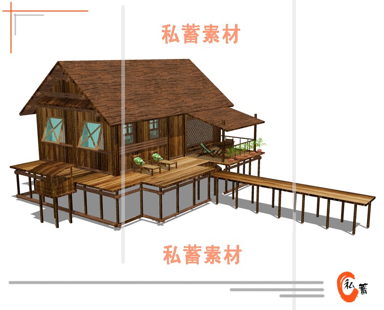 SUSU模型草图模型木屋茅草屋园林景观乡村休闲屋商业别墅sketchup-景观建筑资源