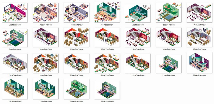 轴测图AI/PS素材合集建筑参与者物植物车交通工具室内生活-景观建筑资源