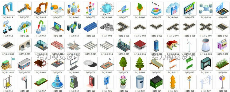 轴测图AI/PS素材合集建筑参与者物植物车交通工具室内生活-景观建筑资源