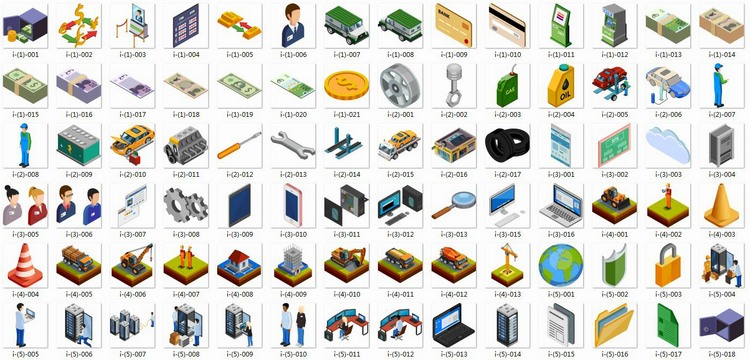 轴测图AI/PS素材合集建筑参与者物植物车交通工具室内生活-景观建筑资源