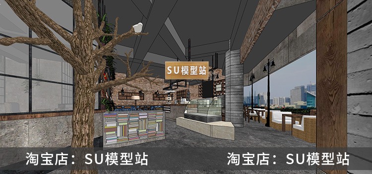 SU模型草图模型室内工装LOFT静吧饮品店咖啡厅馆店场景设计SU-景观建筑资源