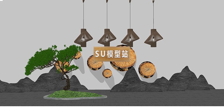 新中式风格禅意日式园艺小品庭院园林植物景观景观小品SU-景观建筑资源