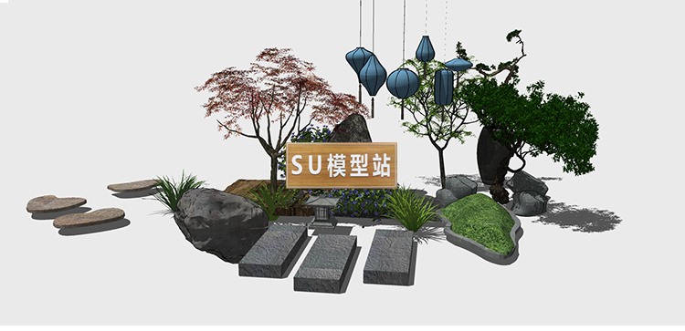 新中式风格禅意日式园艺小品庭院园林植物景观景观小品SU-景观建筑资源