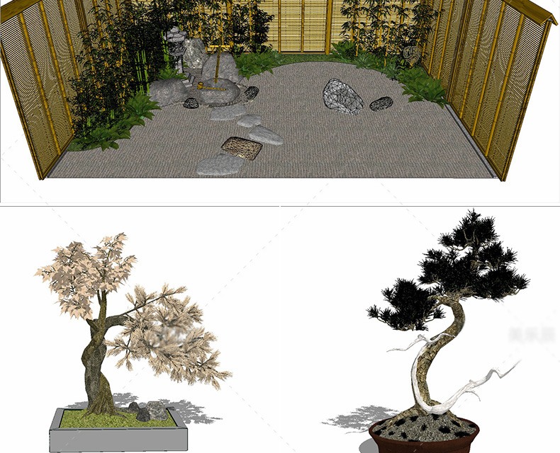 日式枯山水庭院景观SU模型花园游览观光茶几园林景造设计SK-景观建筑资源
