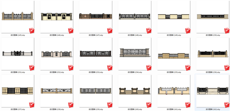 现代风欧式美式风格围墙SU模型新古典风英法式小区围栏SKP格-景观建筑资源