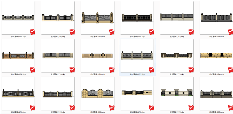 现代风欧式美式风格围墙SU模型新古典风英法式小区围栏SKP格-景观建筑资源