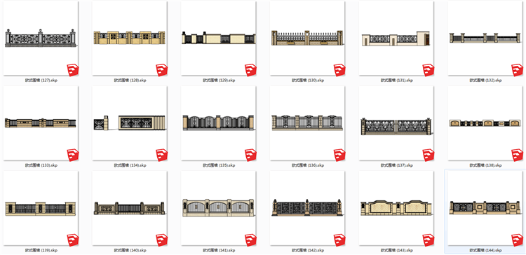 现代风欧式美式风格围墙SU模型新古典风英法式小区围栏SKP格-景观建筑资源