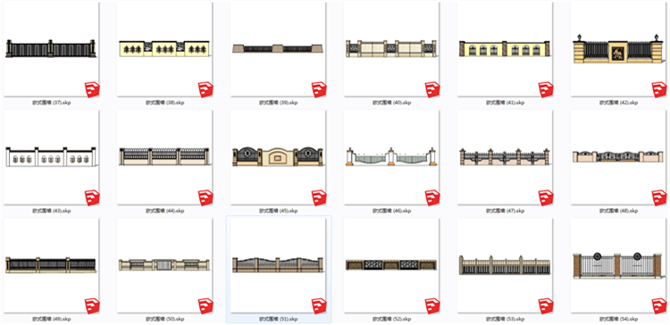 现代风欧式美式风格围墙SU模型新古典风英法式小区围栏SKP格-景观建筑资源