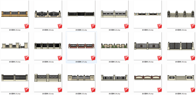 现代风欧式美式风格围墙SU模型新古典风英法式小区围栏SKP格-景观建筑资源