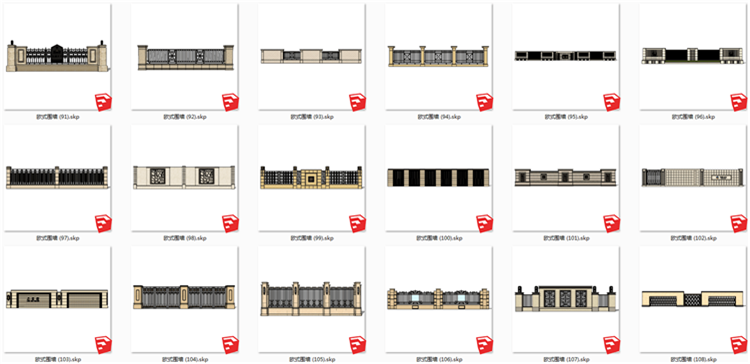 现代风欧式美式风格围墙SU模型新古典风英法式小区围栏SKP格-景观建筑资源