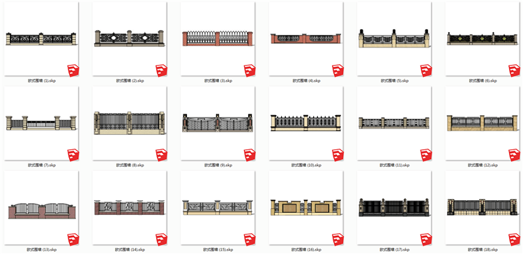 现代风欧式美式风格围墙SU模型新古典风英法式小区围栏SKP格-景观建筑资源