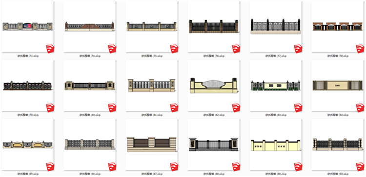 现代风欧式美式风格围墙SU模型新古典风英法式小区围栏SKP格-景观建筑资源