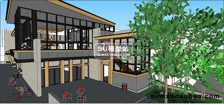 SU模型草图模型现代风家庭式设计工作室工装室内木架建筑设计S-景观建筑资源