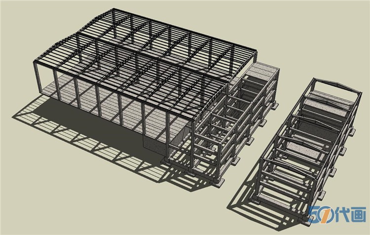 工业厂房车间钢结构框架SU模型悬挑网架建筑钢框格配-景观建筑资源