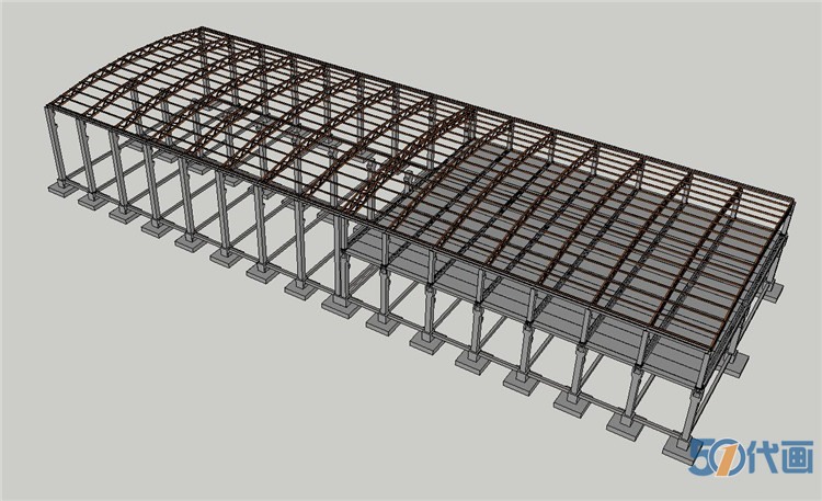 工业厂房车间钢结构框架SU模型悬挑网架建筑钢框格配-景观建筑资源