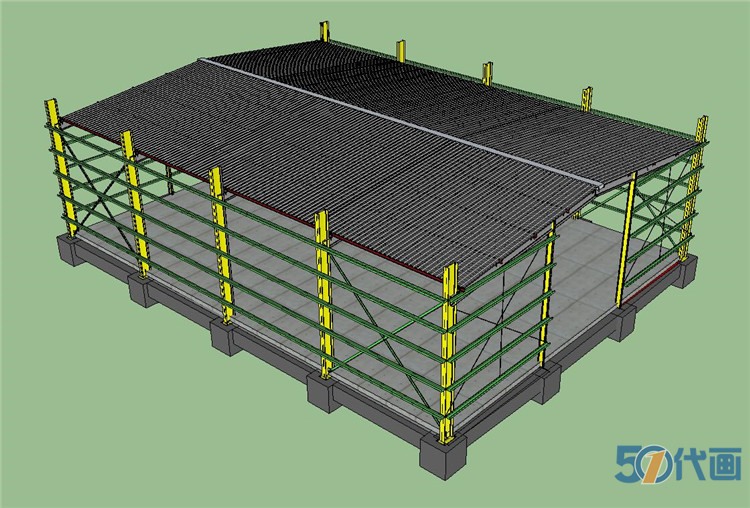 工业厂房车间钢结构框架SU模型悬挑网架建筑钢框格配-景观建筑资源