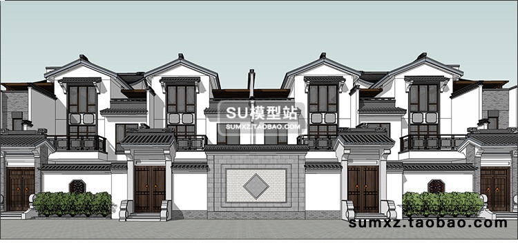 SU模型草图模型现代风中式白墙黑瓦联排商业别墅小区建筑设计SU模-景观建筑资源