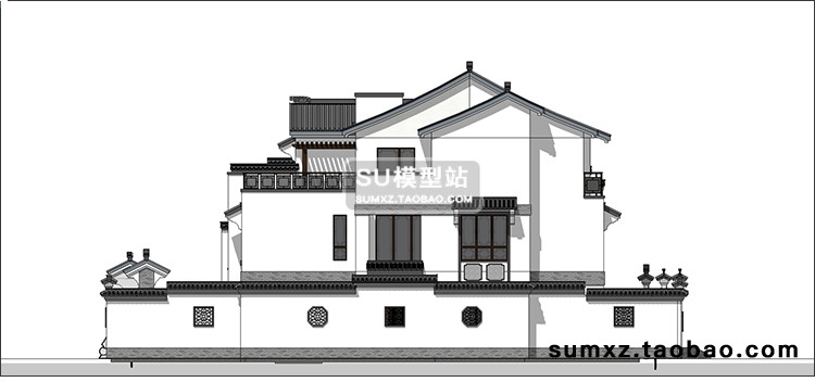 SU模型草图模型现代风中式白墙黑瓦联排商业别墅小区建筑设计SU模-景观建筑资源