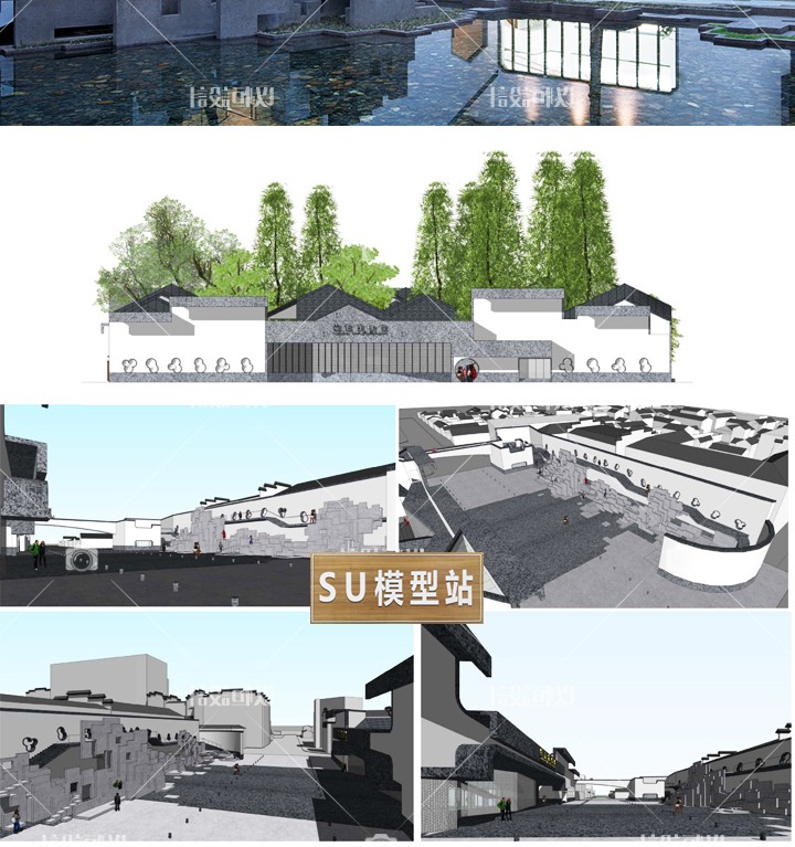 SU模型草图模型博物馆建筑方案徽派文化休闲创意馆SU模型平立面分析-景观建筑资源