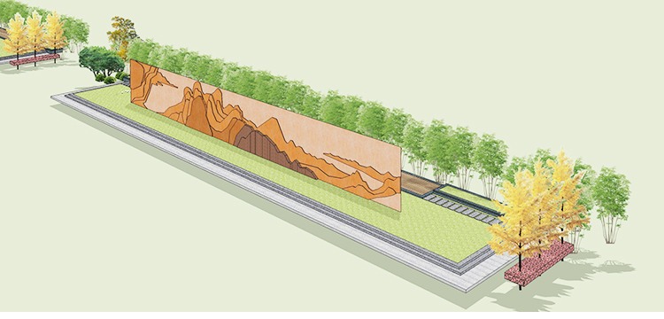 现代风中式山水木条抽象景墙景观园林公园景观广场小品设计-景观建筑资源