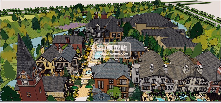 SU模型草图模型SKETCHUP英法式庄园风情知名旅游小镇建筑景观规划设计SU-景观建筑资源