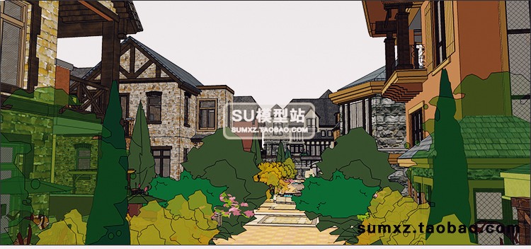 SU模型草图模型SKETCHUP英法式庄园风情知名旅游小镇建筑景观规划设计SU-景观建筑资源