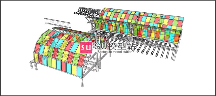 共享自行车棚架车库出入口单车小车雨棚帐篷SU草图模-景观建筑资源