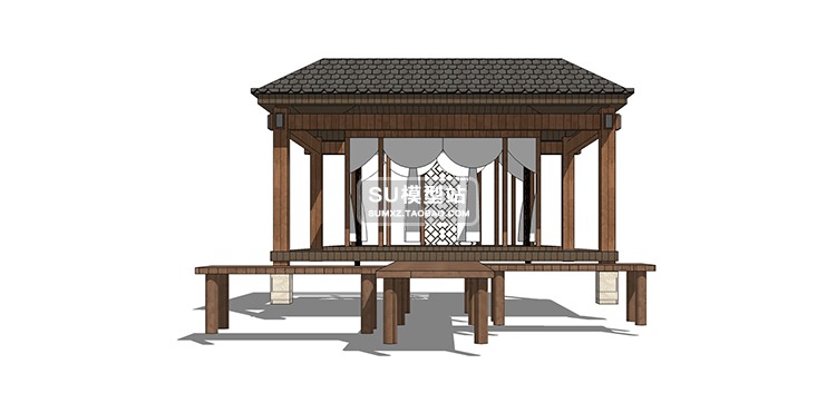 SU模型草图模型新中式风格亭子休闲庭院公园景观广场院子凉亭木亭SU-景观建筑资源