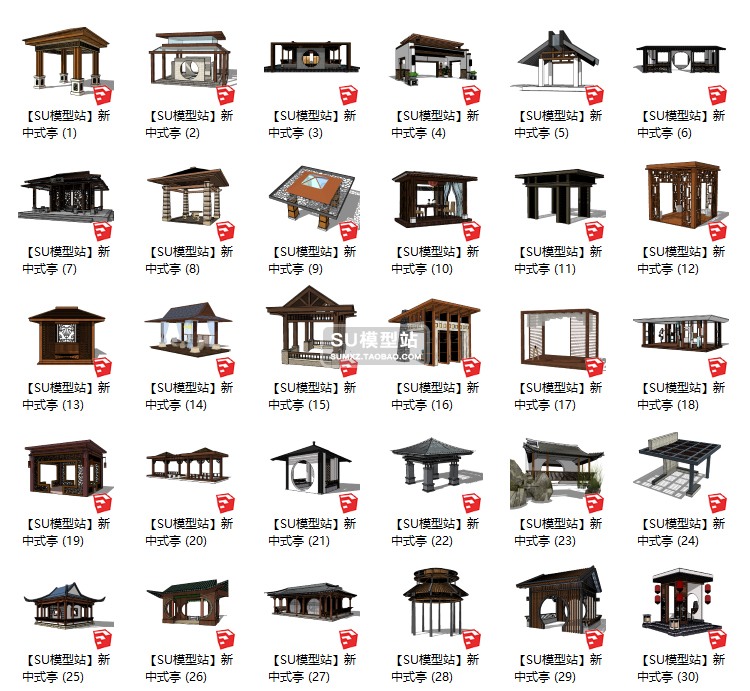 SU模型草图模型新中式风格亭子休闲庭院公园景观广场院子凉亭木亭SU-景观建筑资源