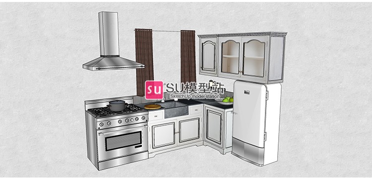 现代风复古北欧室内开放式厨房风格欧式美式家具SU模型草图-景观建筑资源