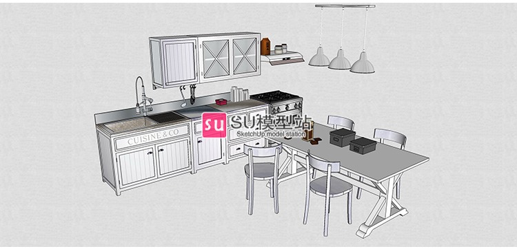 现代风复古北欧室内开放式厨房风格欧式美式家具SU模型草图-景观建筑资源
