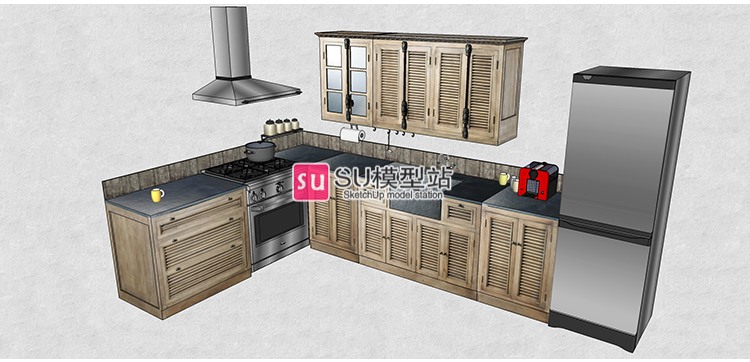 现代风复古北欧室内开放式厨房风格欧式美式家具SU模型草图-景观建筑资源