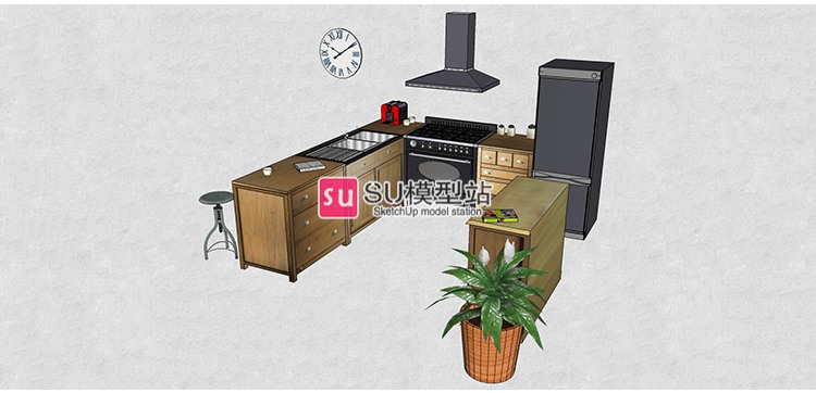 现代风复古北欧室内开放式厨房风格欧式美式家具SU模型草图-景观建筑资源