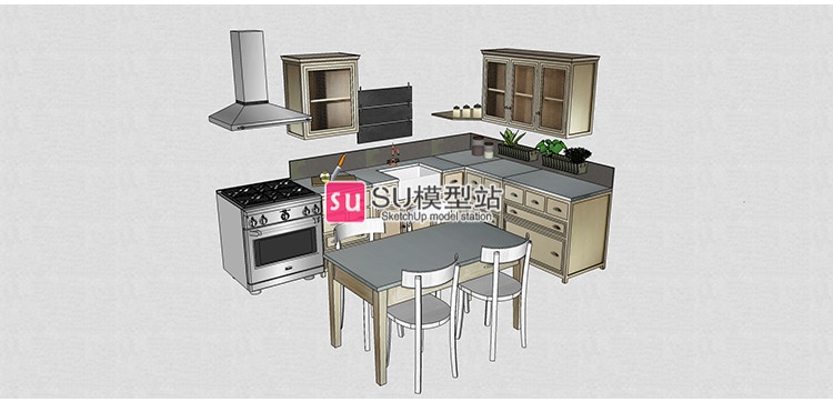 现代风复古北欧室内开放式厨房风格欧式美式家具SU模型草图-景观建筑资源