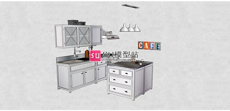 现代风复古北欧室内开放式厨房风格欧式美式家具SU模型草图-景观建筑资源