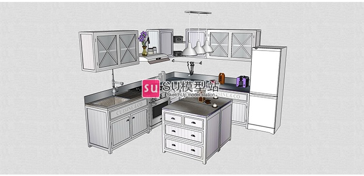 现代风复古北欧室内开放式厨房风格欧式美式家具SU模型草图-景观建筑资源