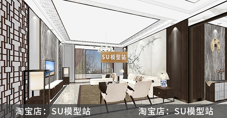 楼盘新中式风格禅意样板间套房家装室内客厅设计SU草图大-景观建筑资源