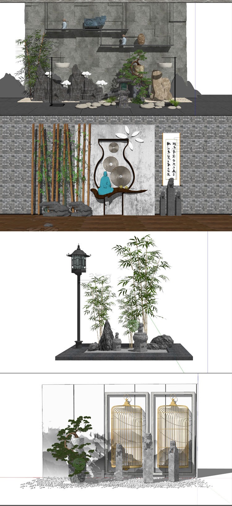 新中式风格禅意日式园艺小品素材园林植物庭院景观小品SU-景观建筑资源