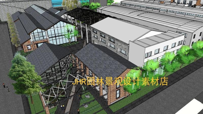 工业风旧房老厂区工业园改造厂房建筑改造su模型sketchu-景观建筑资源