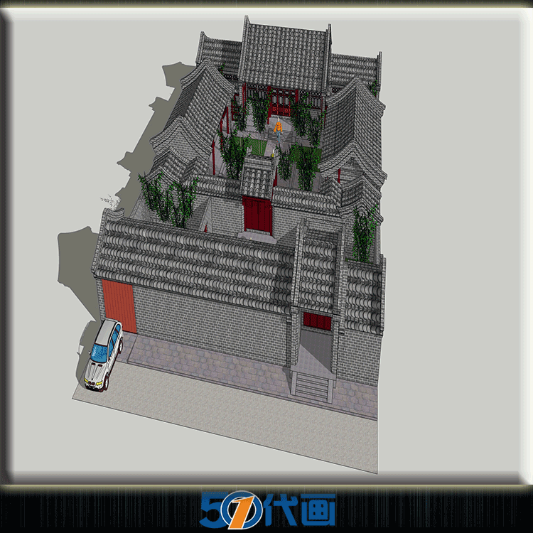 中式四合院CAD图纸SU模型建筑设计施工图庭院平面立面-景观建筑资源