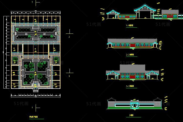 中式四合院CAD图纸SU模型建筑设计施工图庭院平面立面-景观建筑资源