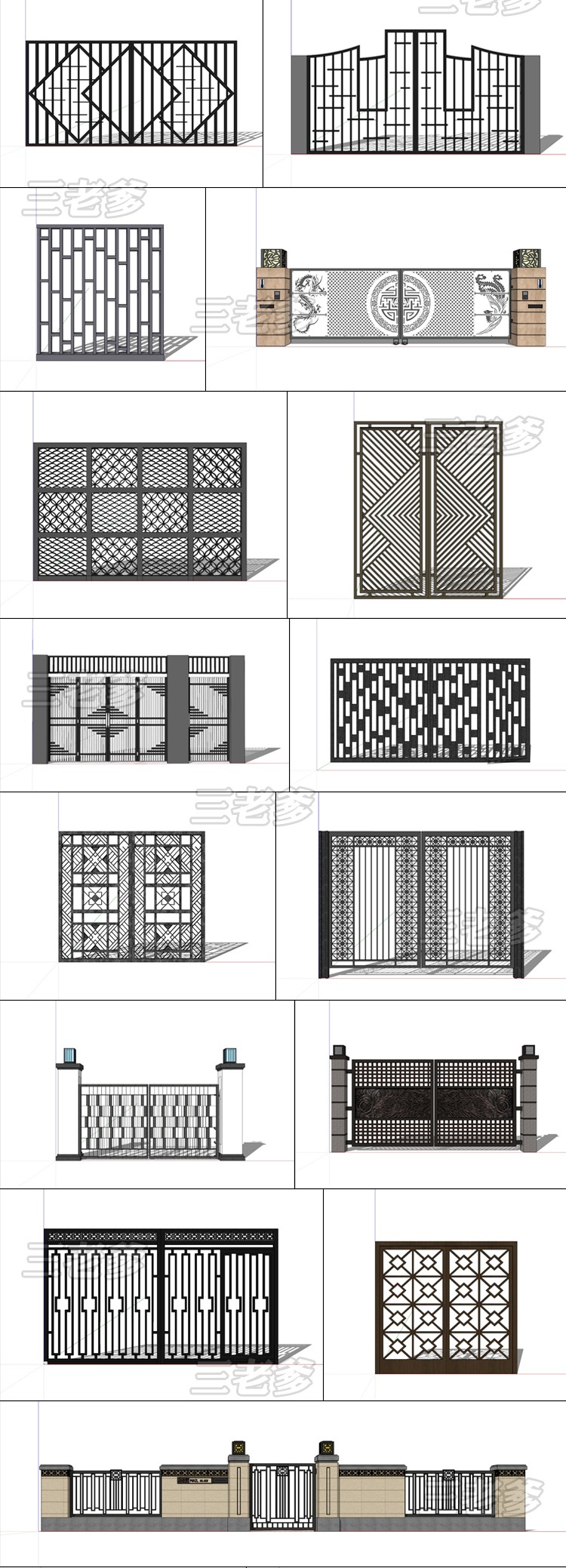 新亚洲新中式风格现代风欧式美式铁艺大门su模型闸门入口小门小-景观建筑资源