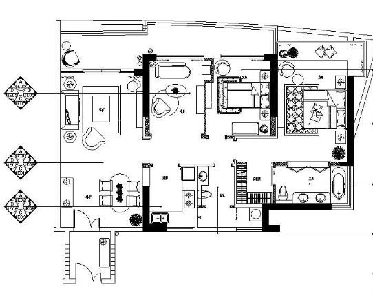 三亚某三居室样板间建筑景观户型施工图（有效果）