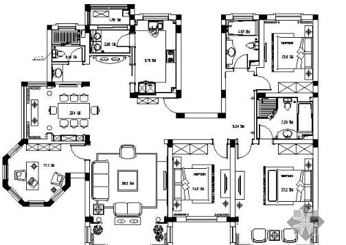 欧式美式四居室精装样板房施工图